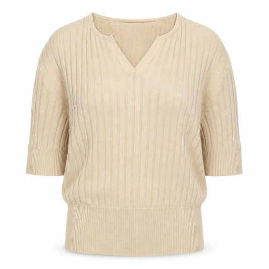 Debenhams Women Beige UK 12 V-Neck Textured Knit 3/4 Sleeve Top