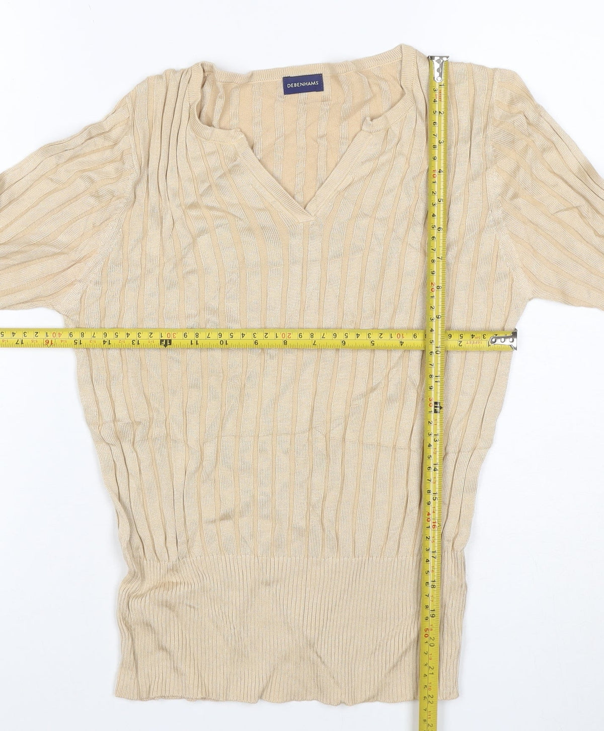 Debenhams Women Beige UK 12 V-Neck Textured Knit 3/4 Sleeve Top