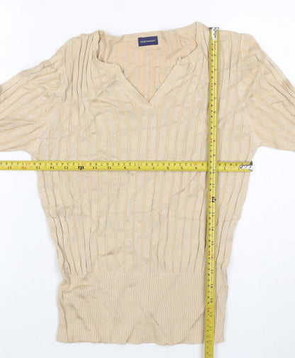 Debenhams Women Beige UK 12 V-Neck Textured Knit 3/4 Sleeve Top
