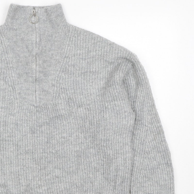 Jack Wills Women Grey UK 12 Chunky Knit Half Zip High Neck Jumper