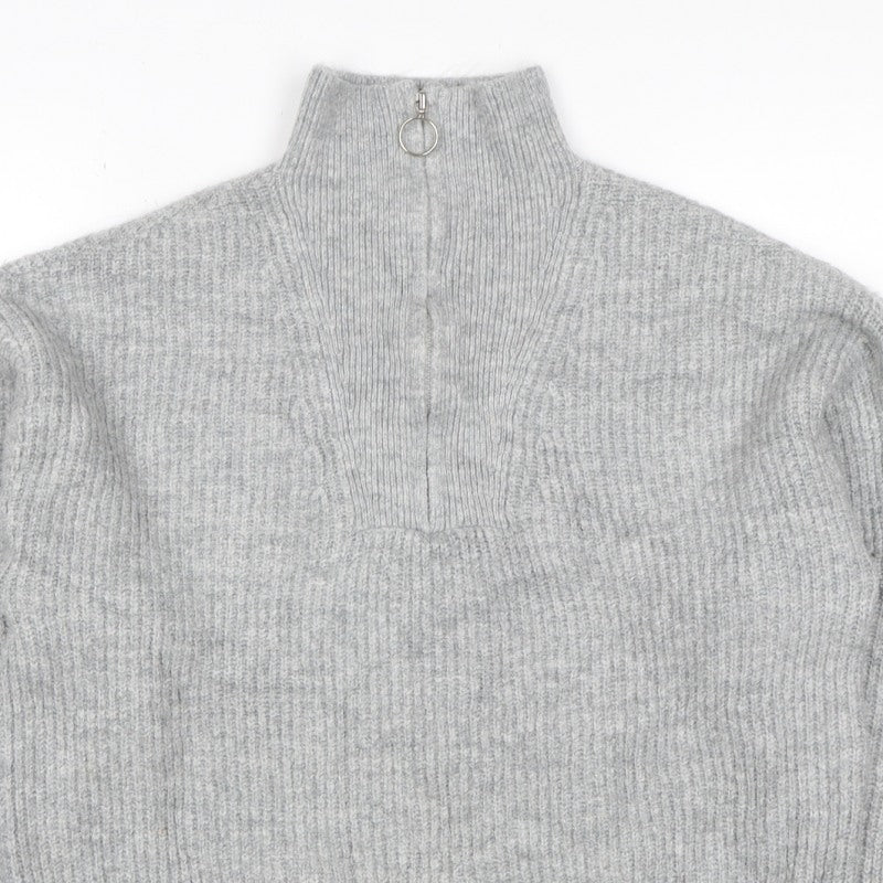 Jack Wills Women Grey UK 12 Chunky Knit Half Zip High Neck Jumper