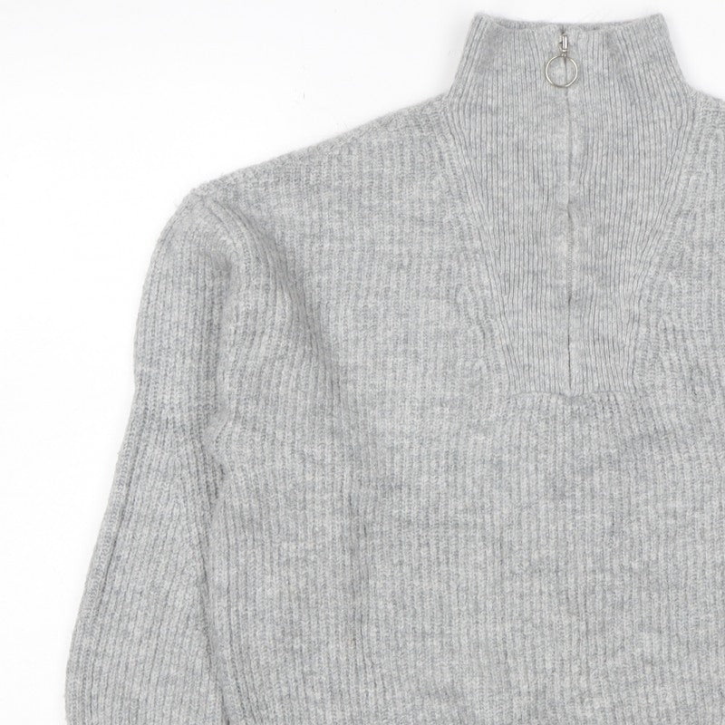 Jack Wills Women Grey UK 12 Chunky Knit Half Zip High Neck Jumper
