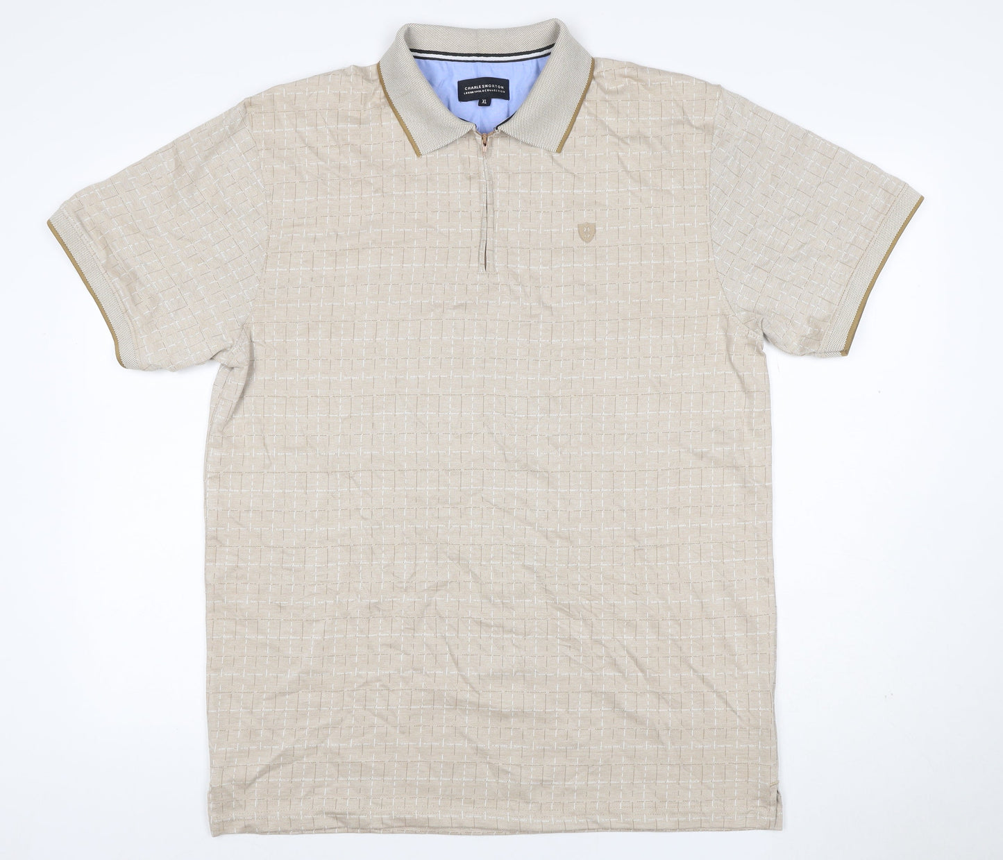 Charles Norton Men's Beige XL Geometric 1/4 Zip Polo Shirt
