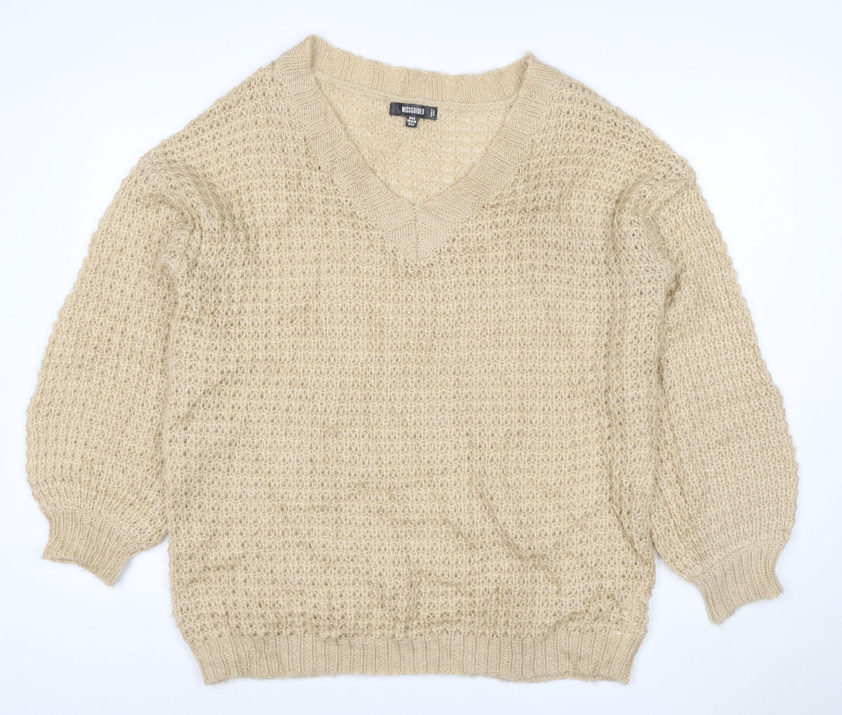 Additional front view of Missguided Women Beige XS Open Knit V-Neck Balloon Sleeve Jumper