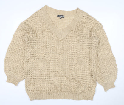 Additional front view of Missguided Women Beige XS Open Knit V-Neck Balloon Sleeve Jumper