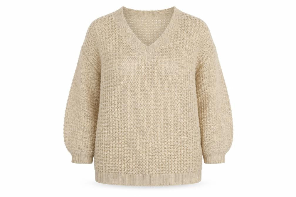 Front view of Missguided Women Beige XS Open Knit V-Neck Balloon Sleeve Jumper