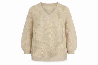 Front view of Missguided Women Beige XS Open Knit V-Neck Balloon Sleeve Jumper