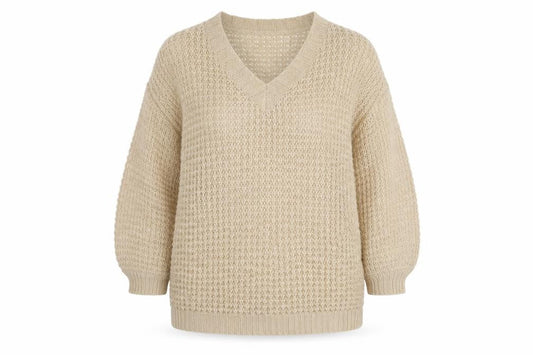 Front view of Missguided Women Beige XS Open Knit V-Neck Balloon Sleeve Jumper