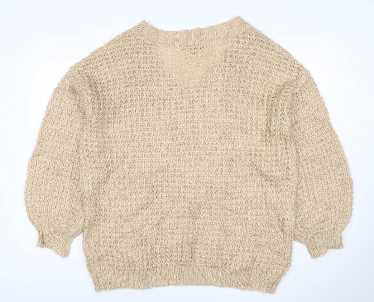 Back view of Missguided Women Beige XS Open Knit V-Neck Balloon Sleeve Jumper