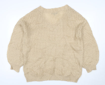 Back view of Missguided Women Beige XS Open Knit V-Neck Balloon Sleeve Jumper