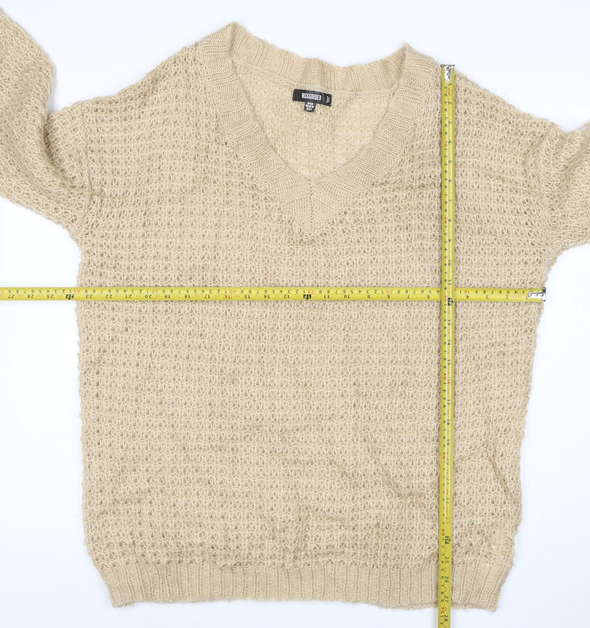 Close-up detail of Missguided Women Beige XS Open Knit V-Neck Balloon Sleeve Jumper