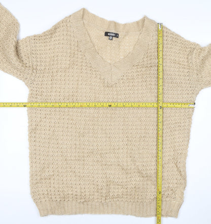Close-up detail of Missguided Women Beige XS Open Knit V-Neck Balloon Sleeve Jumper