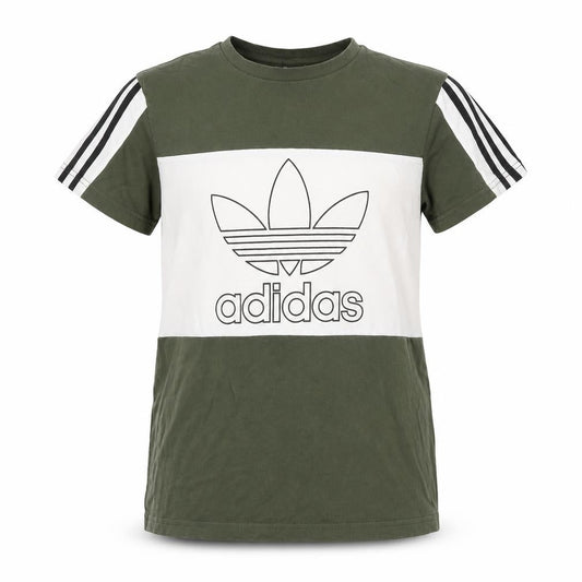 Front view of Adidas boys’ green white 13-14 years logo colourblock jersey t-shirt