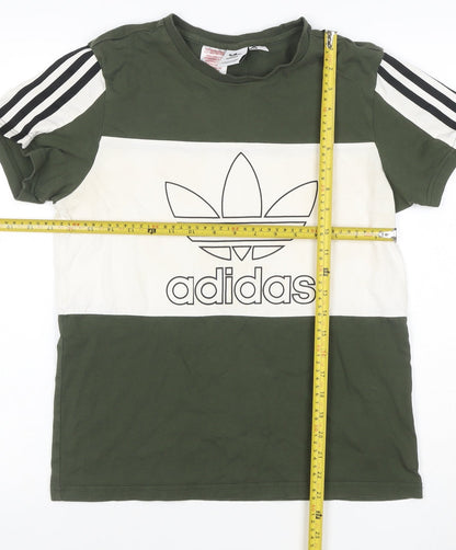 Close-up detail of Adidas boys’ green white 13-14 years logo colourblock jersey t-shirt