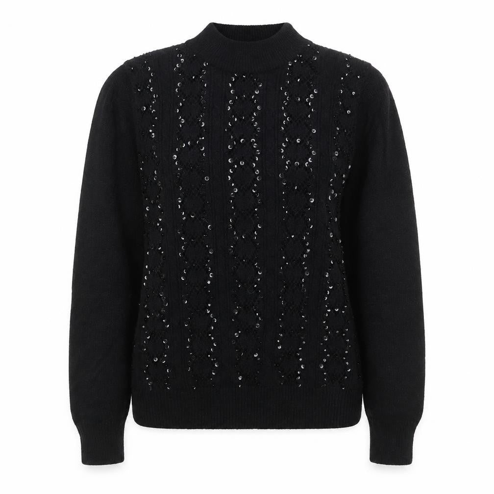 Alfred Dunner Women Black S Petite Sequin Mock Neck Pullover Jumper