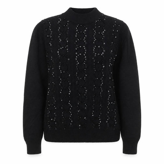 Alfred Dunner Women Black S Petite Sequin Mock Neck Pullover Jumper