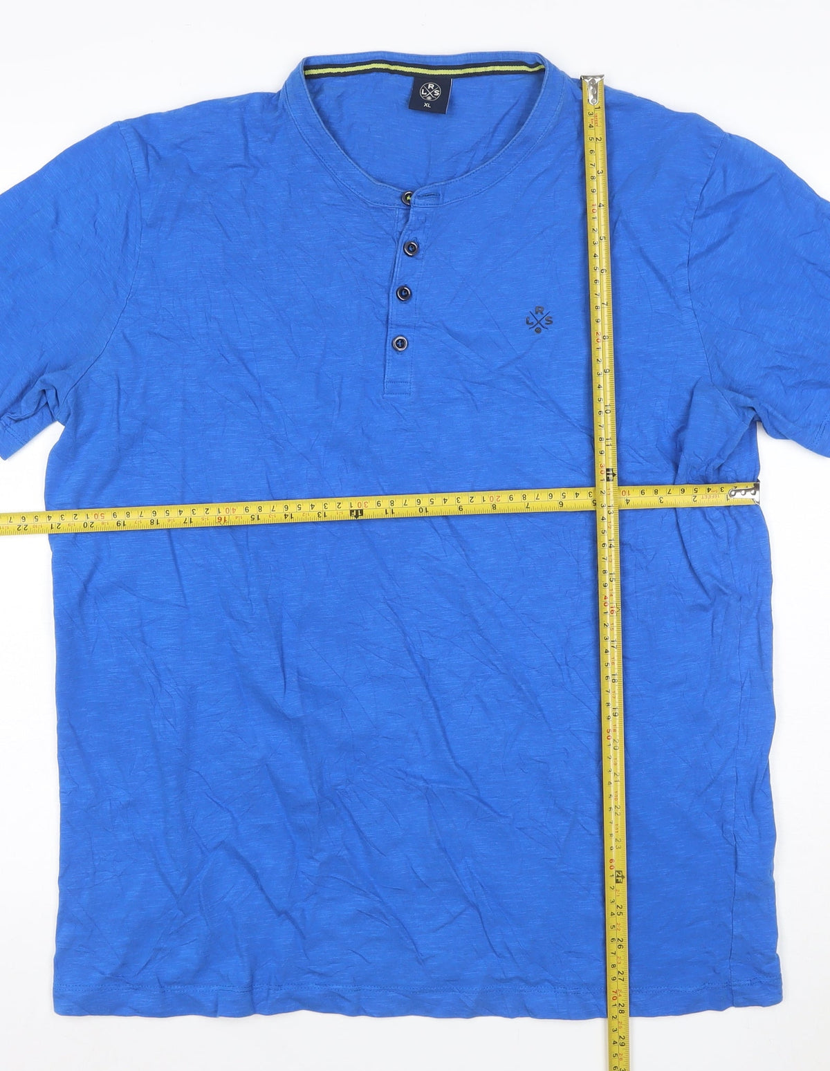 LRS Men’s Blue XL Cotton Henley T-Shirt Short Sleeve Logo