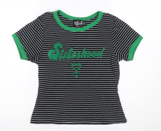 Hell Bunny Women Black Green Striped Sisterhood Ringer T-Shirt Size S
