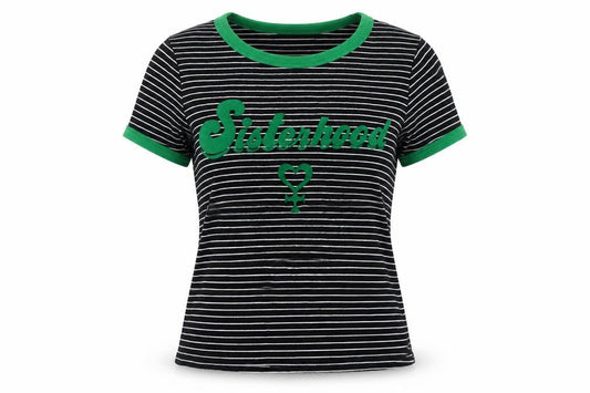 Hell Bunny Women Black Green Striped Sisterhood Ringer T-Shirt Size S
