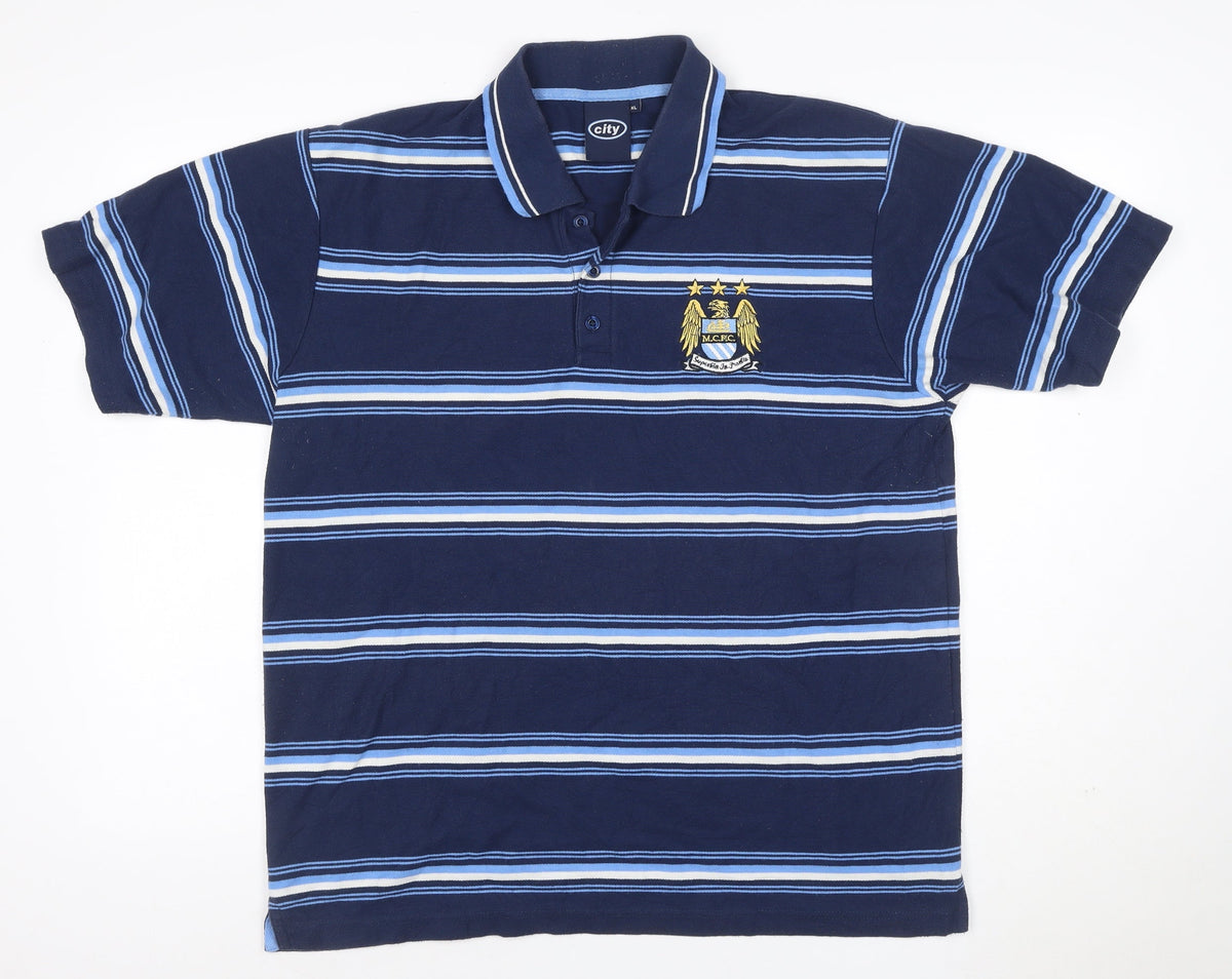 City Men’s Blue XL Manchester City Crest Striped Short Sleeve Polo