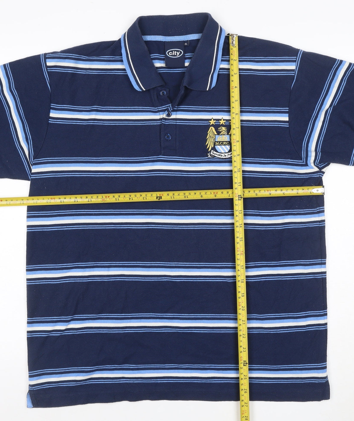 City Men’s Blue XL Manchester City Crest Striped Short Sleeve Polo