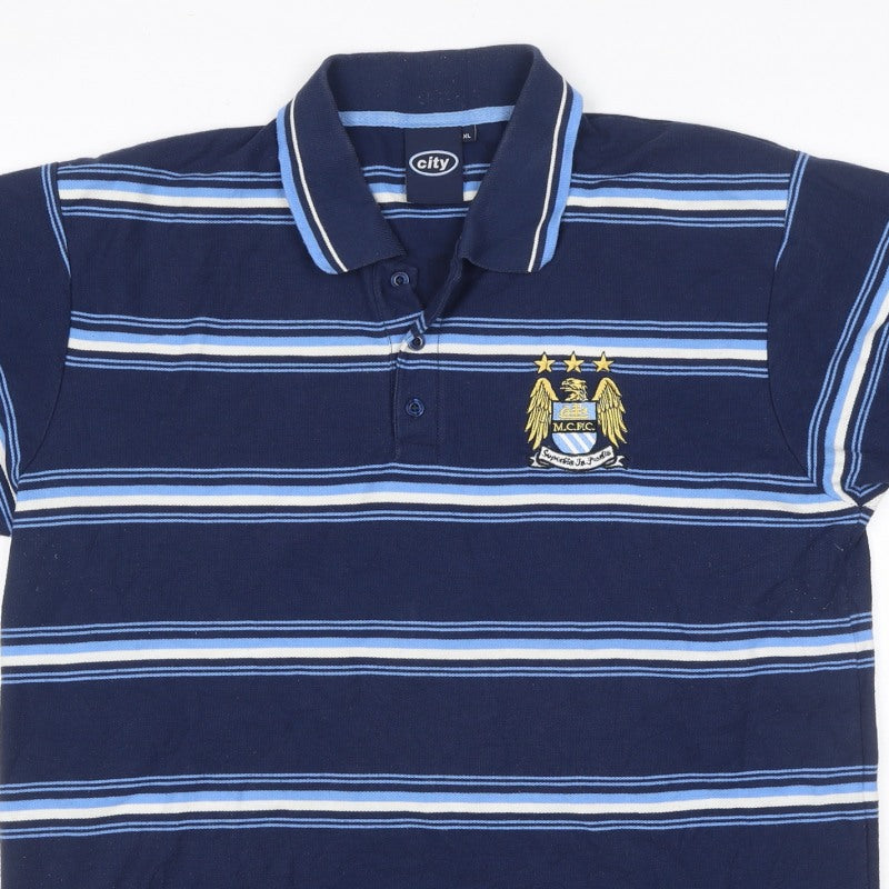 City Men’s Blue XL Manchester City Crest Striped Short Sleeve Polo