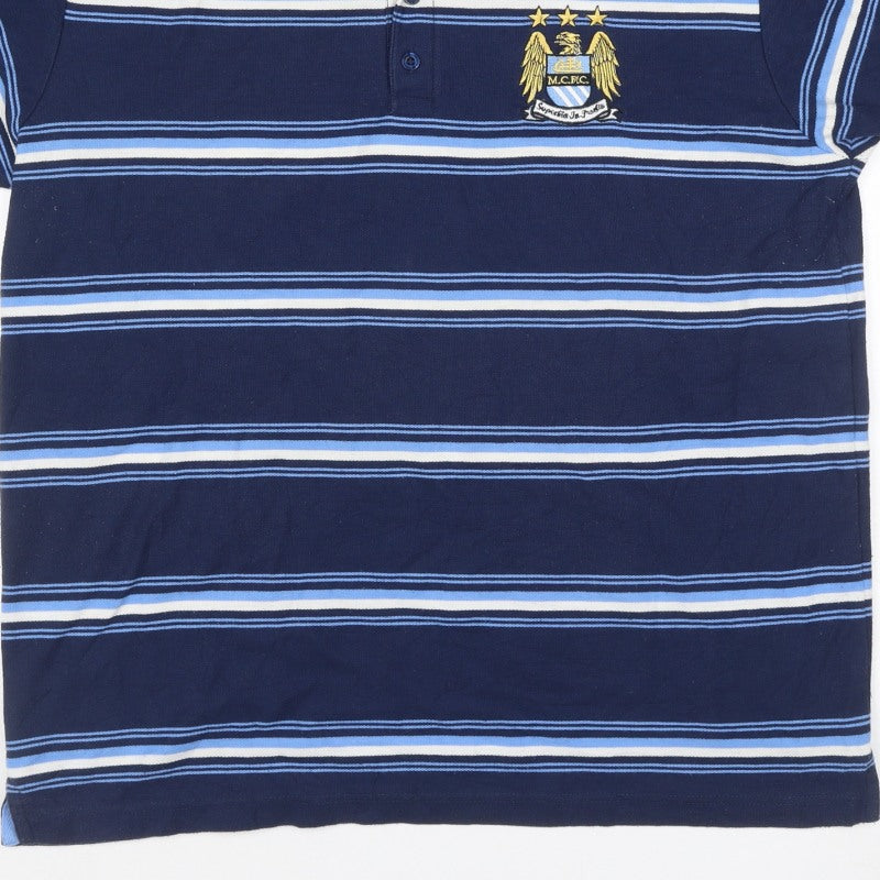 City Men’s Blue XL Manchester City Crest Striped Short Sleeve Polo