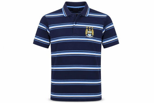 Front view of City Men’s Blue XL Manchester City Crest Striped Short Sleeve Polo