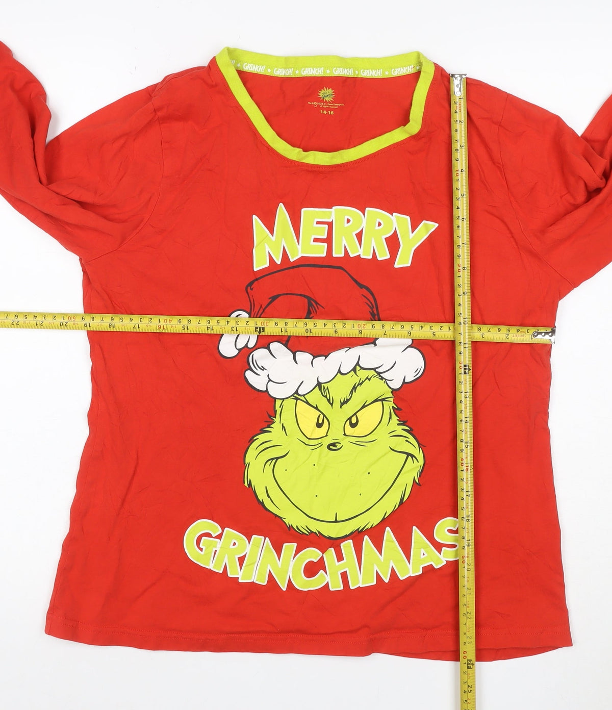 Close-up detail of The Grinch Teens Red, size 14, Long Sleeve Christmas Pyjama Top Cotton
