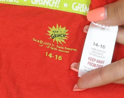 Brand and care label for The Grinch Teens Red, size 14, Long Sleeve Christmas Pyjama Top Cotton