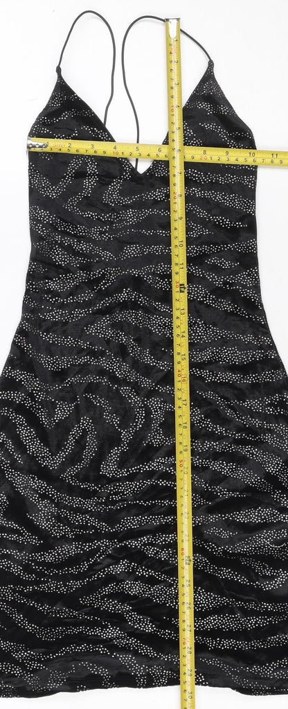 H&M Women Black S Velvet Rhinestone Zebra Halter Bodycon Mini Dress