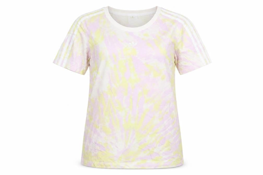 Front view of adidas Women’s Multicoloured UK 12 Tie Dye 3 Stripe Cotton T-Shirt