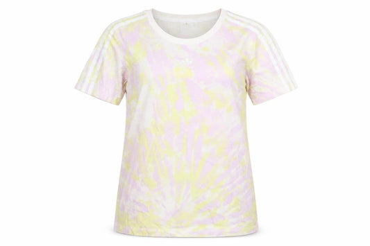 Front view of adidas Women’s Multicoloured UK 12 Tie Dye 3 Stripe Cotton T-Shirt