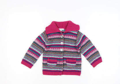 Additional front view of Marks & Spencer girls’ pink fair isle knit cardigan 12-18 months