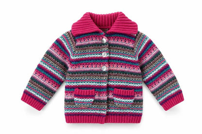Front view of Marks & Spencer girls’ pink fair isle knit cardigan 12-18 months