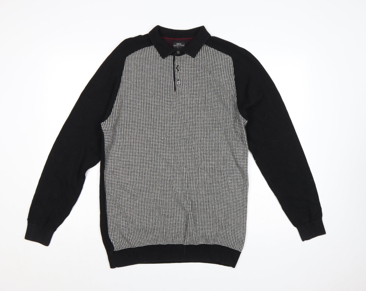 Next Men's Black Large Houndstooth Collared Henley Cotton Knit Jumper