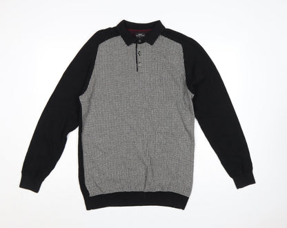 Next Men's Black Large Houndstooth Collared Henley Cotton Knit Jumper
