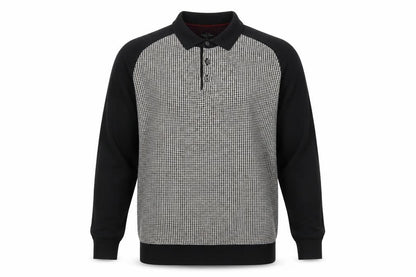Next Men's Black Large Houndstooth Collared Henley Cotton Knit Jumper