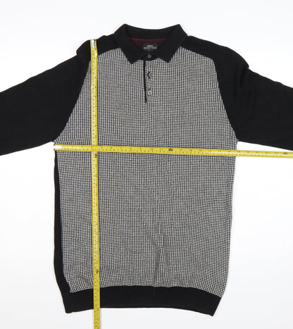 Next Men's Black Large Houndstooth Collared Henley Cotton Knit Jumper