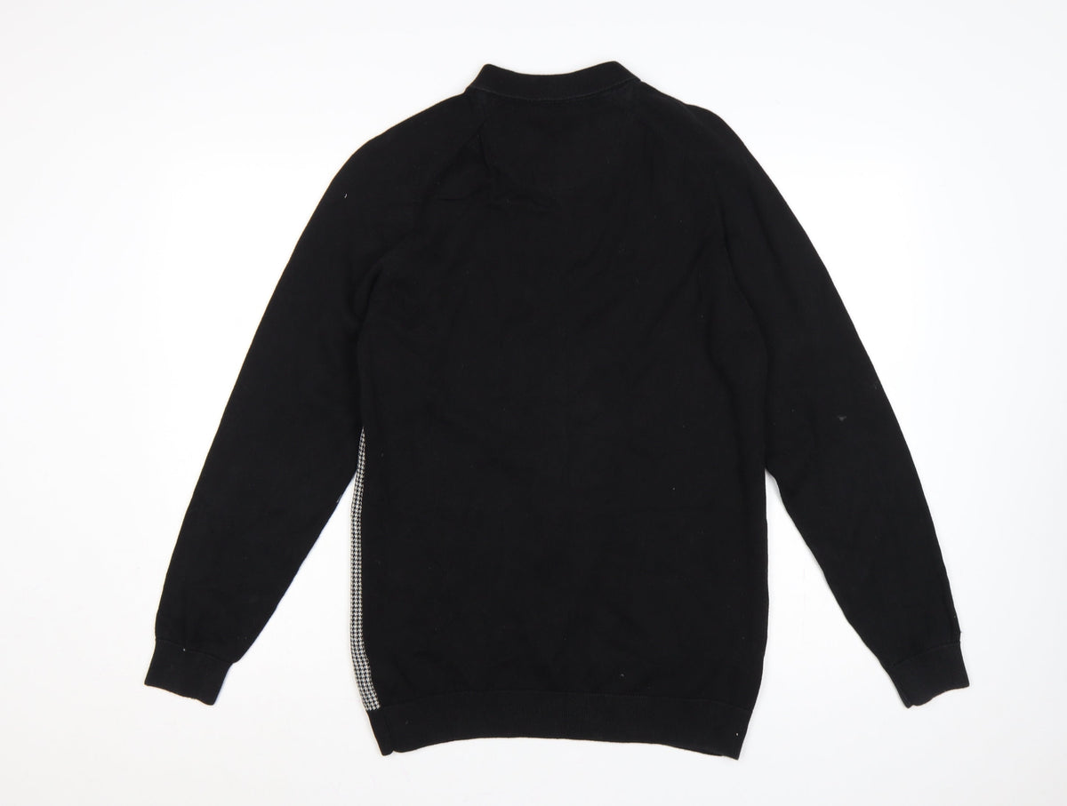 Next Men's Black Large Houndstooth Collared Henley Cotton Knit Jumper