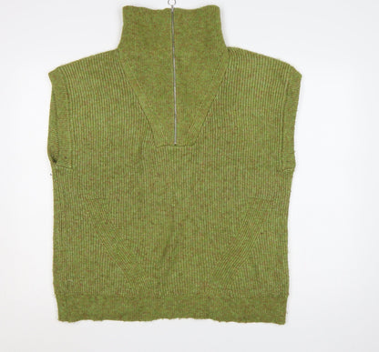 Marks & Spencer Women Green M Sleeveless 1/2 Zip High Neck Knit Vest