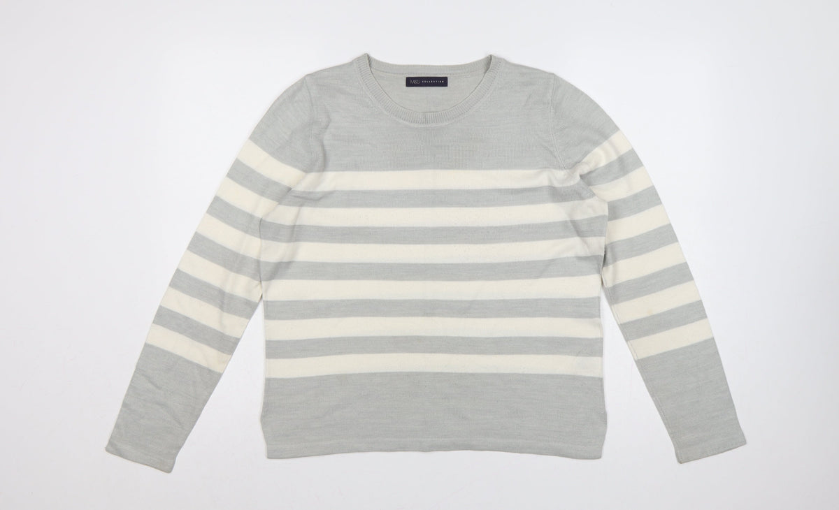 Marks & Spencer Women Grey Ivory Striped Size 12 Pullover Jumper