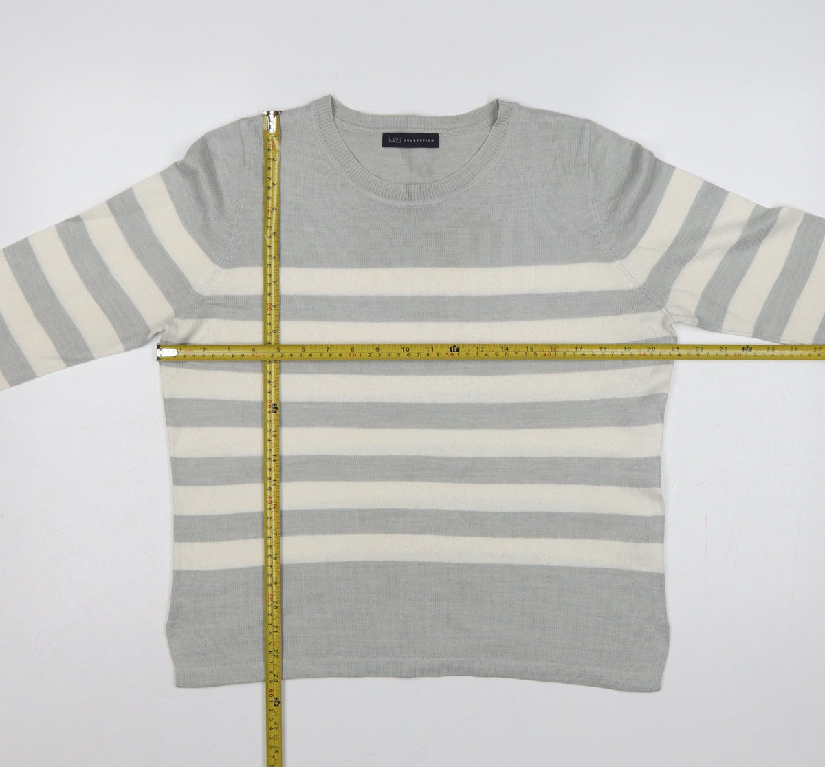 Marks & Spencer Women Grey Ivory Striped Size 12 Pullover Jumper