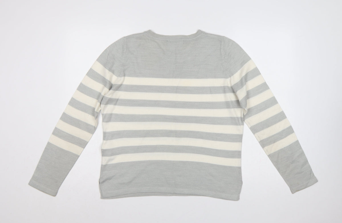 Marks & Spencer Women Grey Ivory Striped Size 12 Pullover Jumper