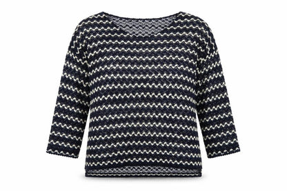 Next Women Blue Ivory Striped Open-Knit Boat Neck Jumper UK 14
