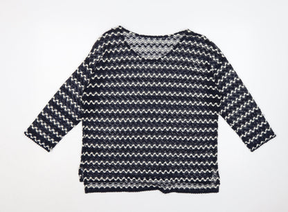 Next Women Blue Ivory Striped Open-Knit Boat Neck Jumper UK 14