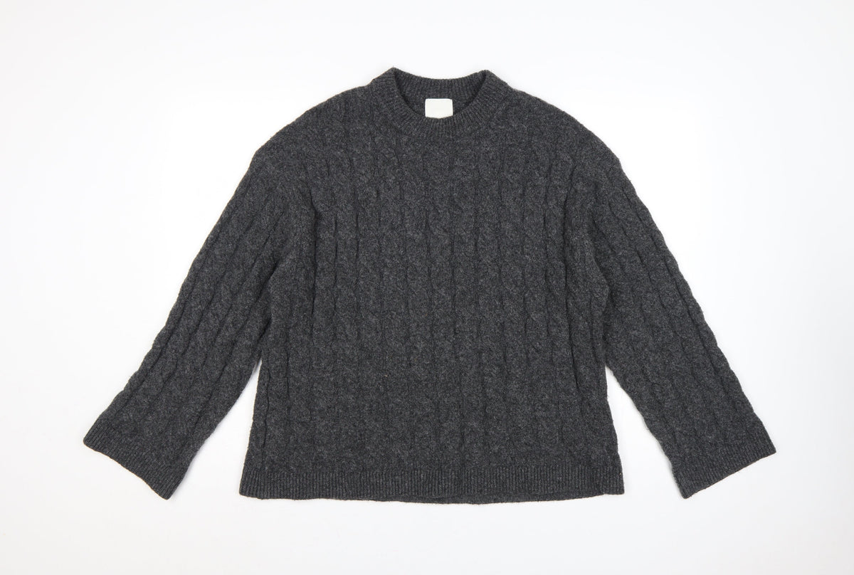 H&M Women Grey UK 10 Cable-Knit Crew Neck Pullover Jumper