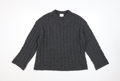 H&M Women Grey UK 10 Cable-Knit Crew Neck Pullover Jumper