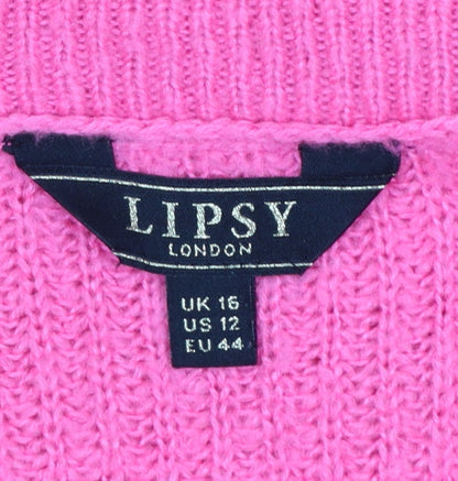 Lipsy Women Pink UK 16 Roll Neck Rib Knit Pullover Jumper
