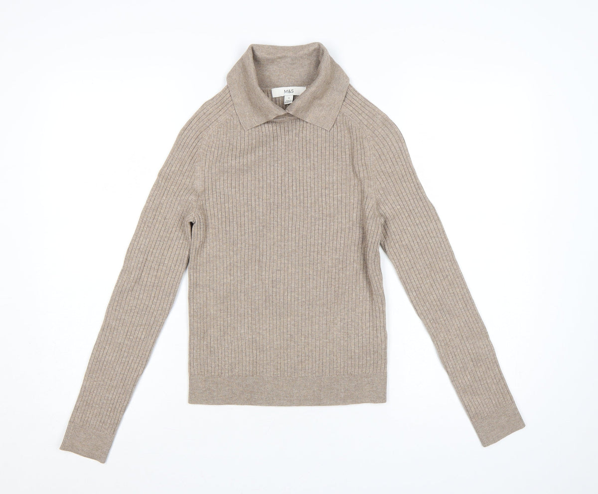 Marks & Spencer Women Beige S Ribbed Roll Neck Knit Jumper